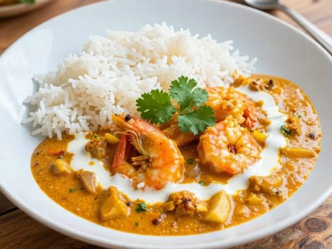 Photo culinaire de curry de crevettes au lait de coco, cuisine guadeloupéenne