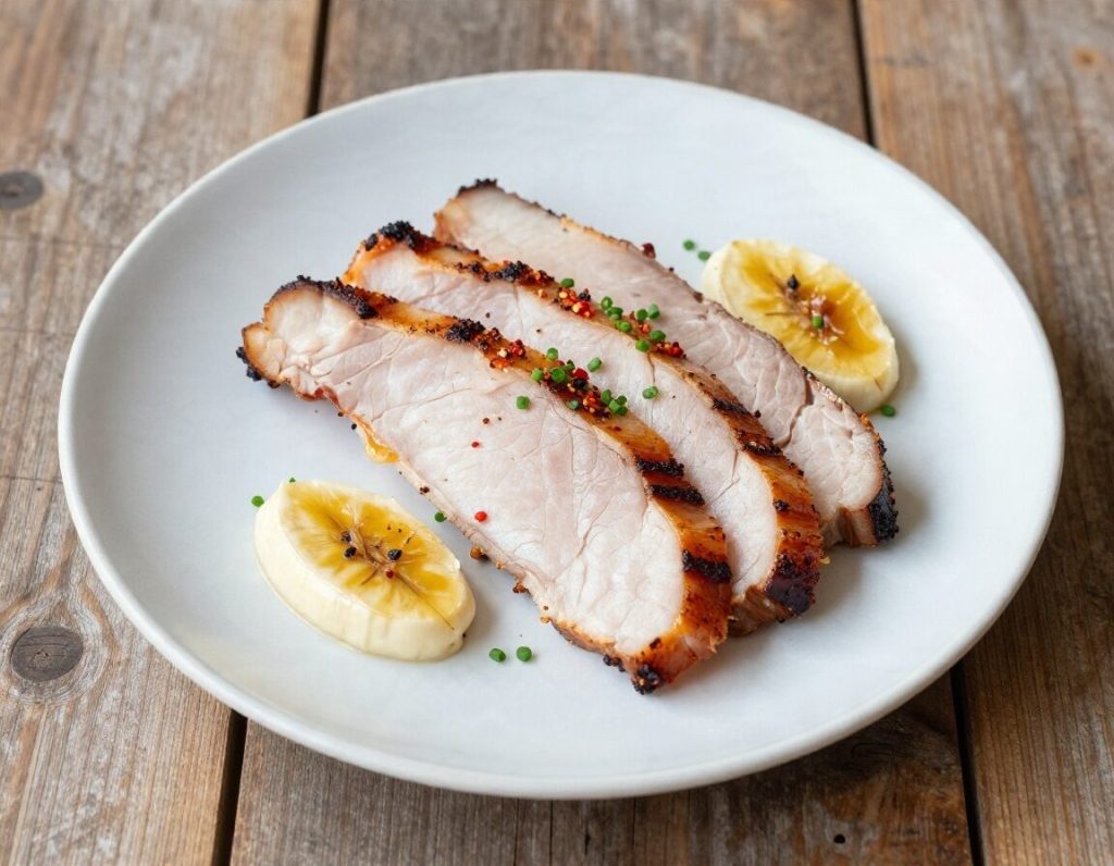 Photo culinaire de poitrine de porc boucané et son fondant de chèvre à la banane, cuisine guadeloupéenne
